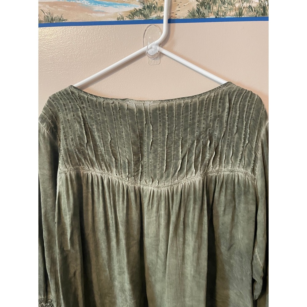 Cato Olive Green Boho Pintuck Lace Bell Sleeve Blouse Lg Peasant Cottagecore - Picture 7 of 12